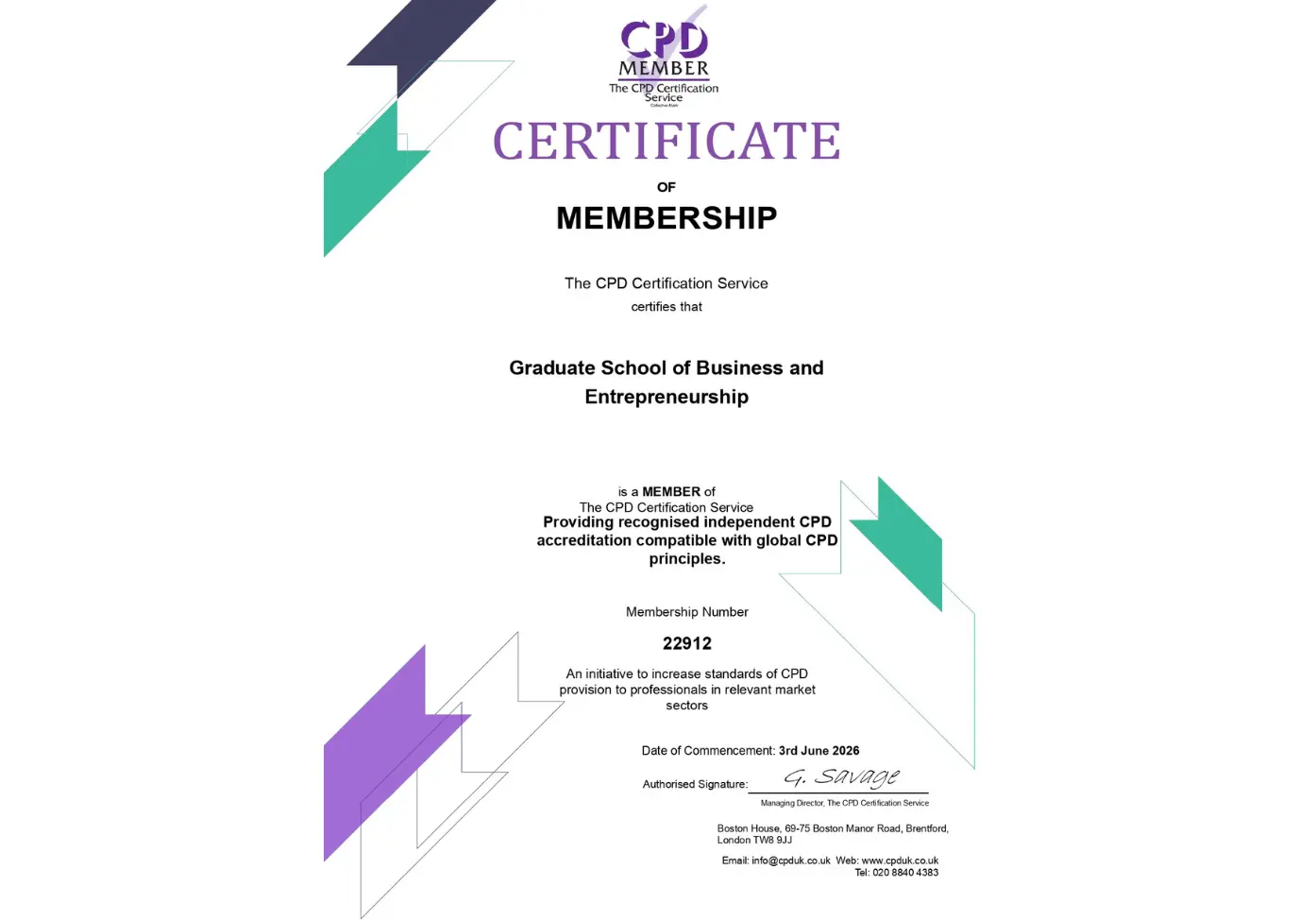 Biznes va tadbirkorlik oliy maktabi Buyuk Britaniyaning nufuzli “CPD Certification Service” tashkilotining rasmiy a’zosiga aylandi